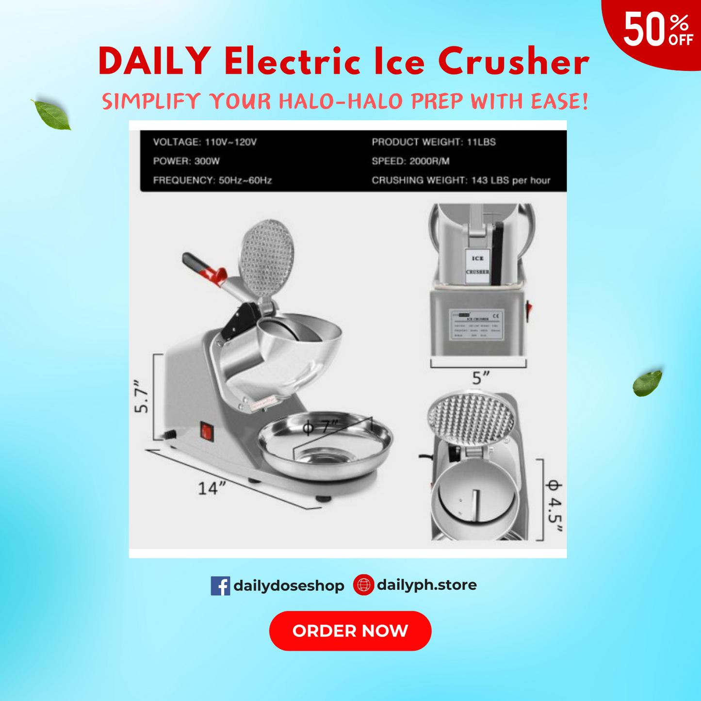 Electric Ice Crusher Heavy Duty Smashing Ice Machine For Halo Halo (Silver) 500W