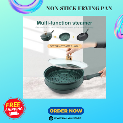 Non-Stick Flat-Bottomed Pan With Steamer For Fry And Steaming